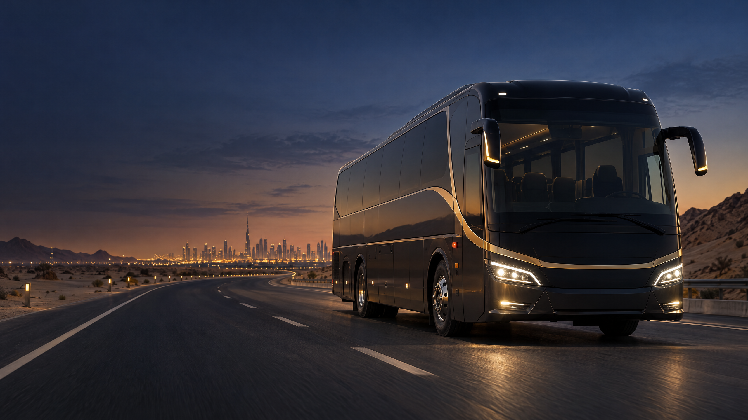 Illustrative unbranded coach on a UAE desert highway